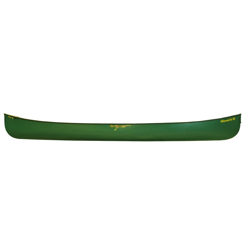 Side view of a green canoe on a white background.