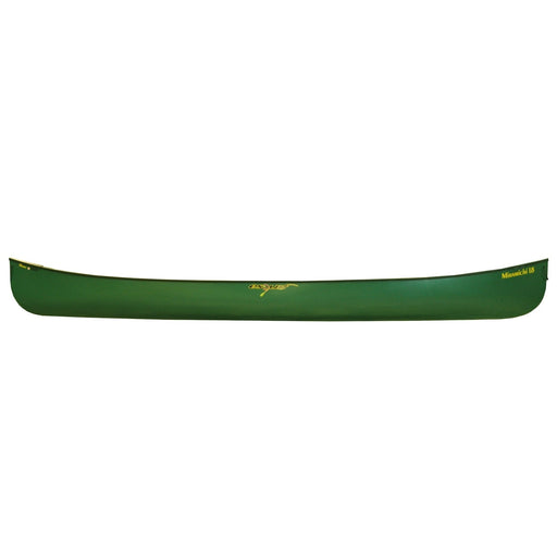 Side view of a green canoe on a white background.