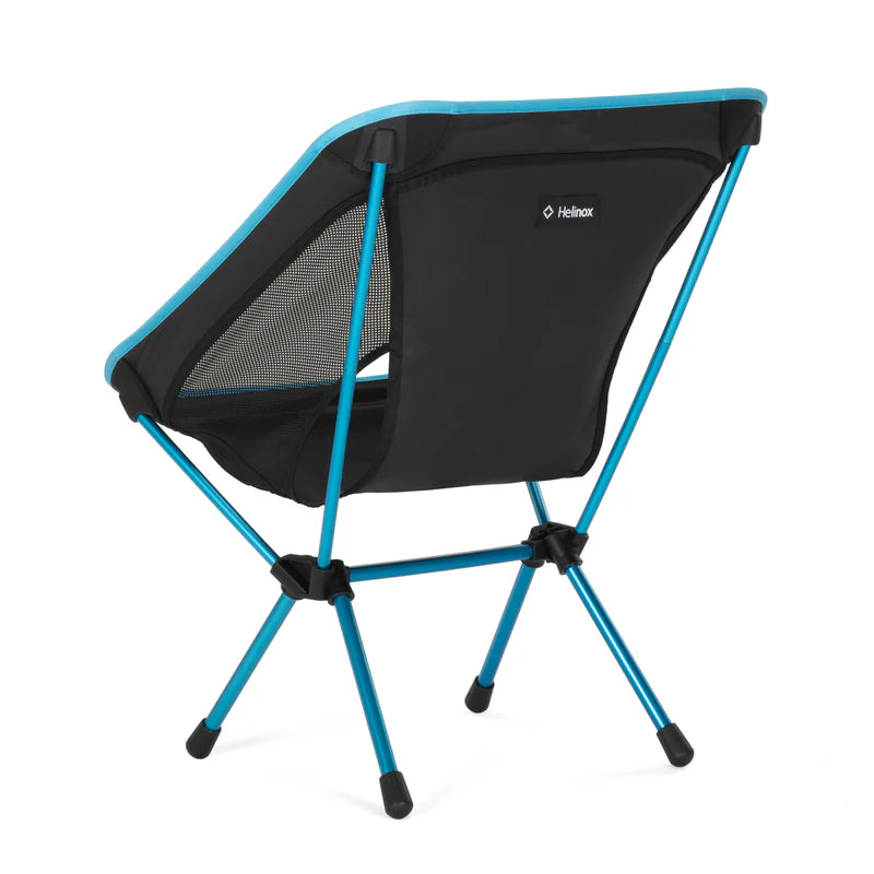 Black camping chair with blue legs