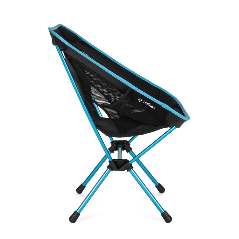Black camping chair with blue legs