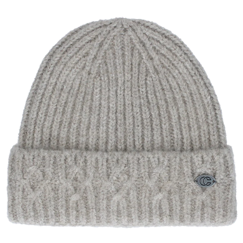 Gray knit beanie against a white background.