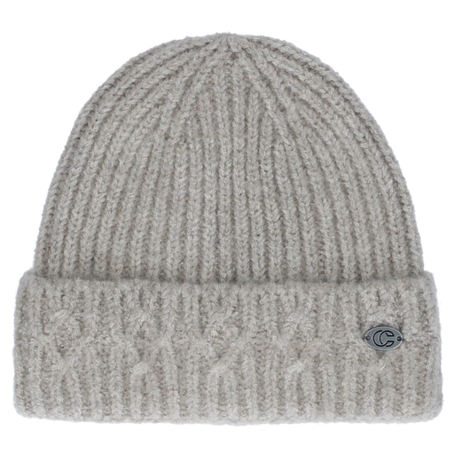 Gray knit beanie against a white background.