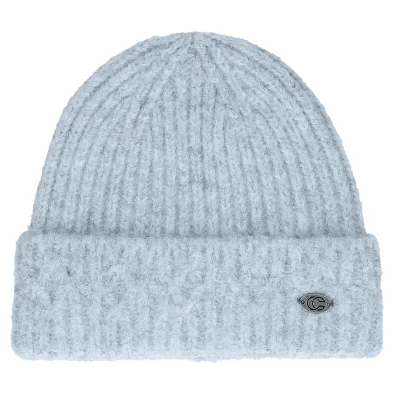 Light blue knit beanie against a white background. 