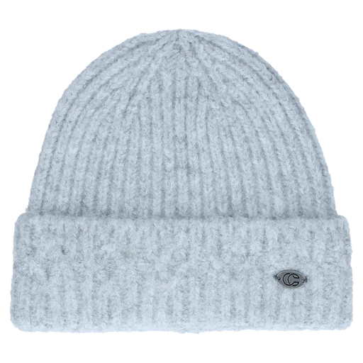 Light blue knit beanie against a white background. 