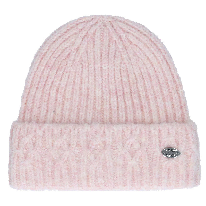 Pink knit beanie with a brand logo on a white background