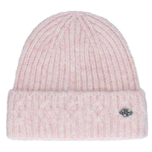 Pink knit beanie with a brand logo on a white background