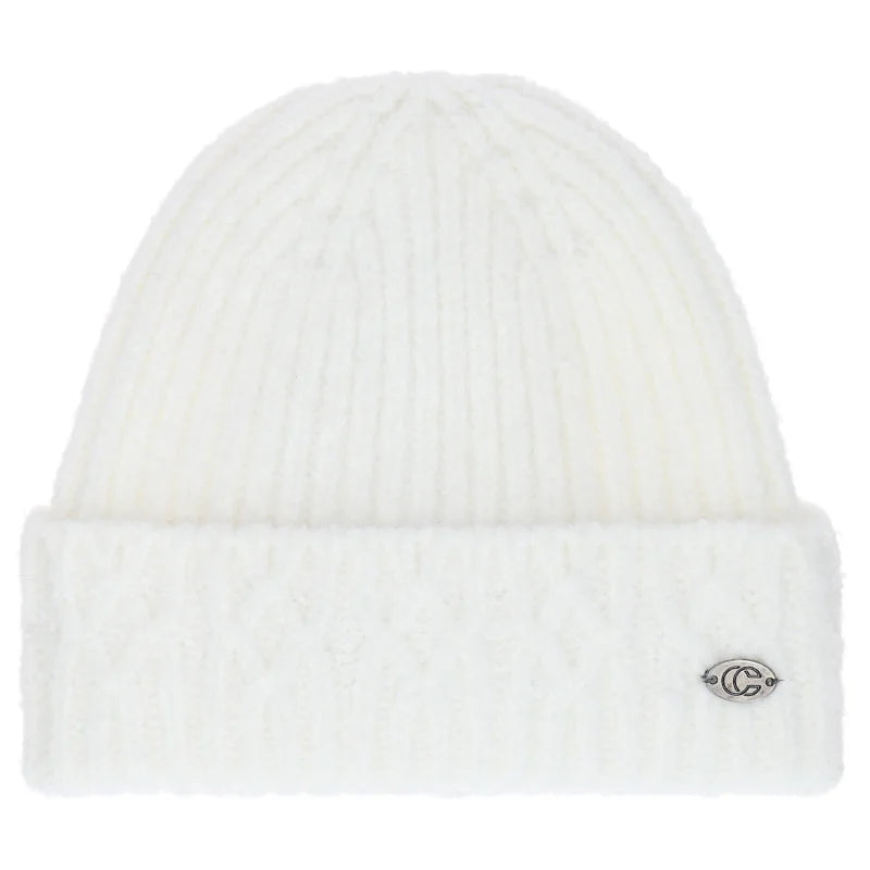 White knit beanie with a brand logo on a white background
