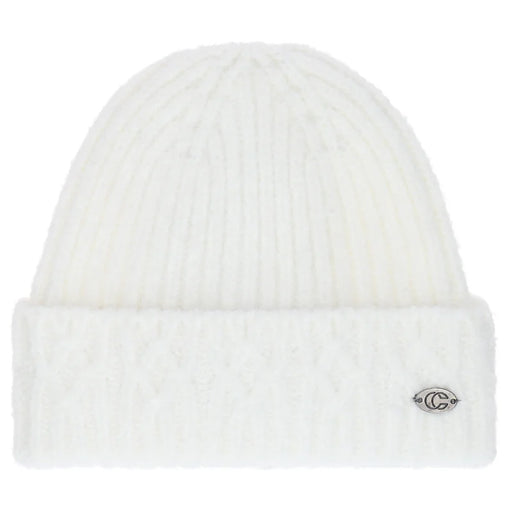 White knit beanie with a brand logo on a white background