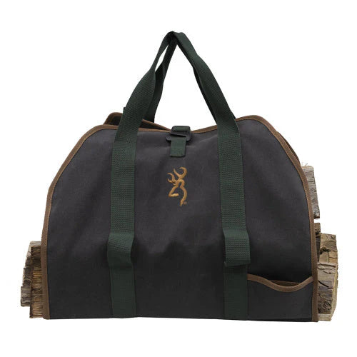 Black and green firewood carrier against a white background.