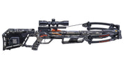 Side view of a black and grey camo crossbow on a white background.