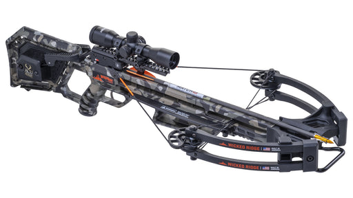Black and grey camo crossbow on a white background.