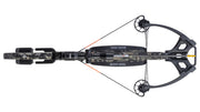 Top view of a black and grey camo crossbow on a white background.