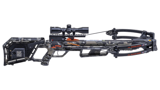 Side view of a black and grey camo crossbow on a white background.