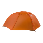 An orange tent from behind