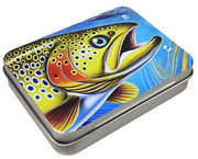 Tin fly box decorated with a cutthroat trout graphic