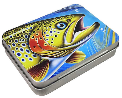 Tin fly box decorated with a cutthroat trout graphic