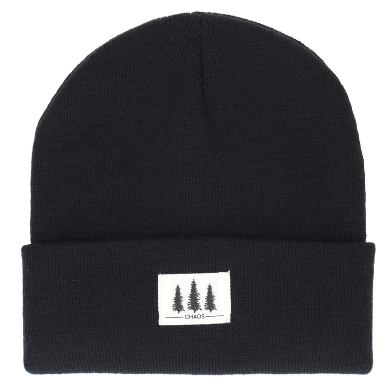 Black beanie against a white background. 