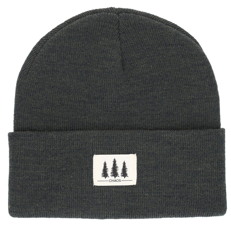 Dark green beanie against a white background. 
