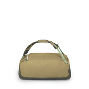 A tan and olive green duffel bag with a top handle and adjustable shoulder strap, shown against a plain white background.