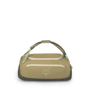 An Osprey duffel bag in olive green and beige, featuring a top handle, a front zippered pocket with a light beige zipper, and a light green adjustable shoulder strap, shown against a plain white background.