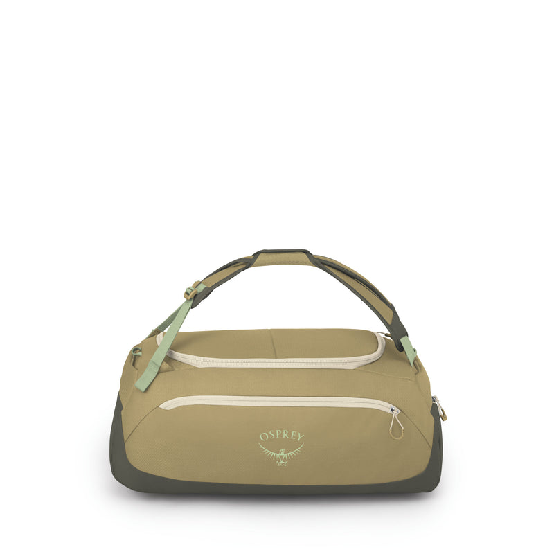 An Osprey duffel bag in olive green and beige, featuring a top handle, a front zippered pocket with a light beige zipper, and a light green adjustable shoulder strap, shown against a plain white background.
