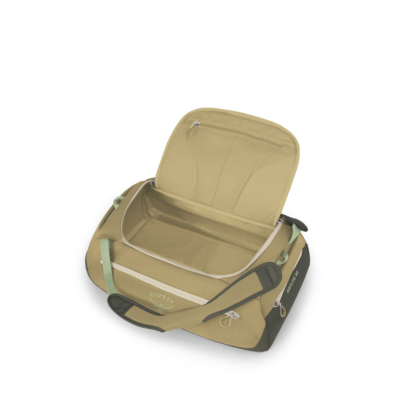 An Osprey duffel bag in olive green and beige, shown open to reveal its interior storage compartments and padded shoulder strap.