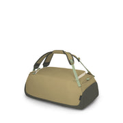A duffel bag in a warm khaki-beige color with dark olive green accents on the base, handles, and straps, shown on a clean white background.
