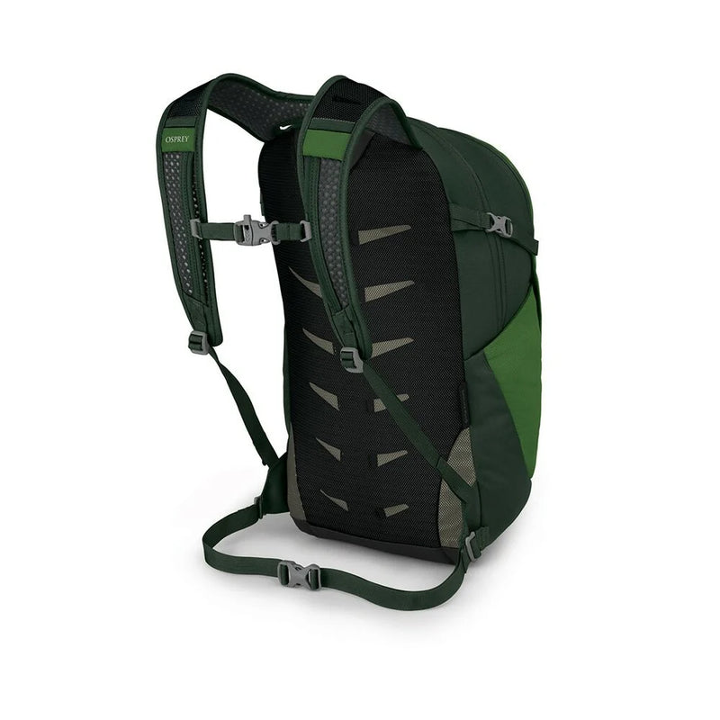 Back view of a green backpack on a white background.