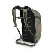 Back view of a light olive backpack on a white background.