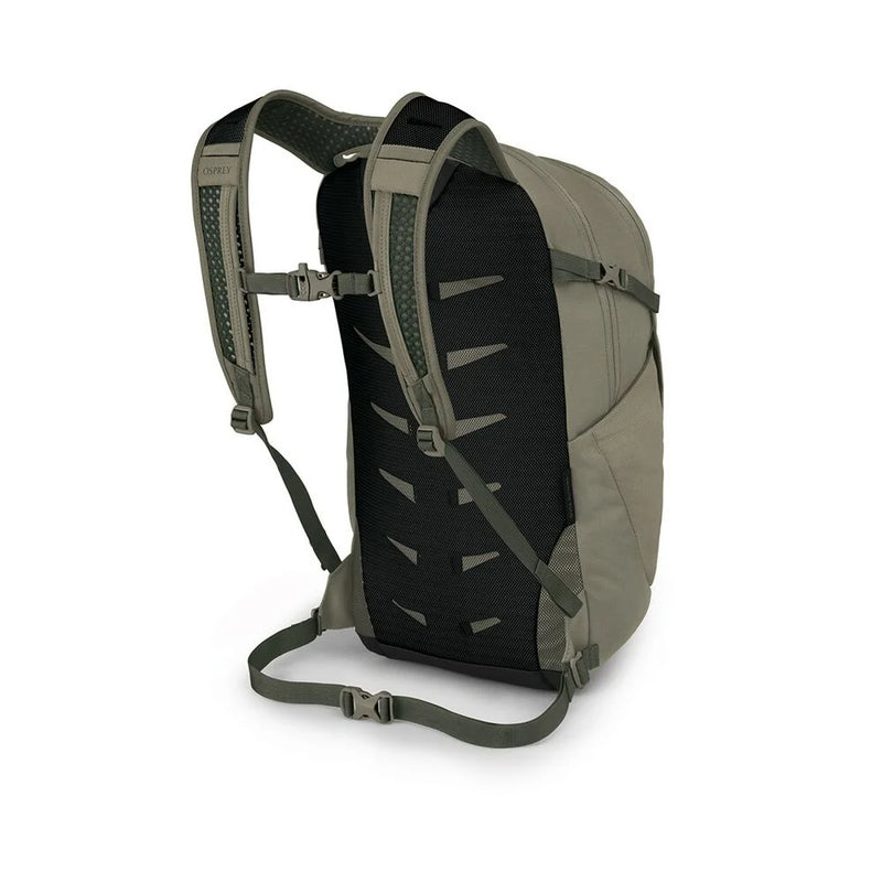 Back view of a light olive backpack on a white background.