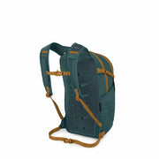 Back view of a teal backpack with orange accents on a white background.