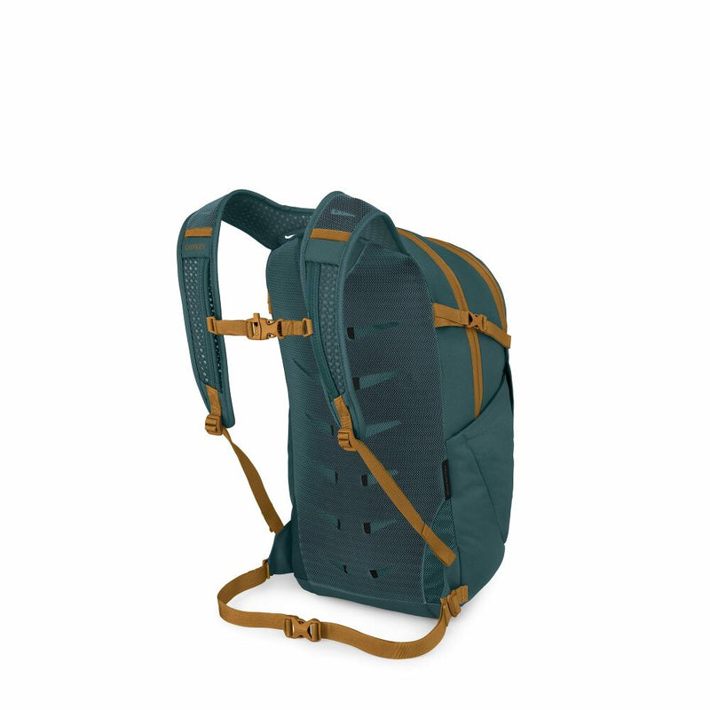 Back view of a teal backpack with orange accents on a white background.