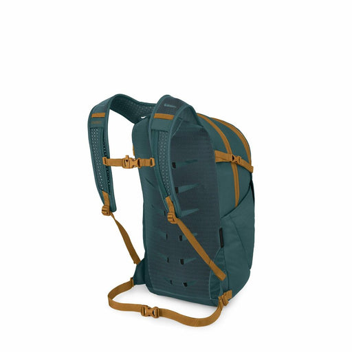 Back view of a teal backpack with orange accents on a white background.