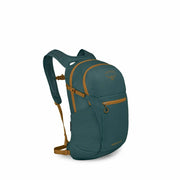 Teal backpack with orange accents on a white background.