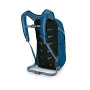 Back view of a blue backpack on a white background.