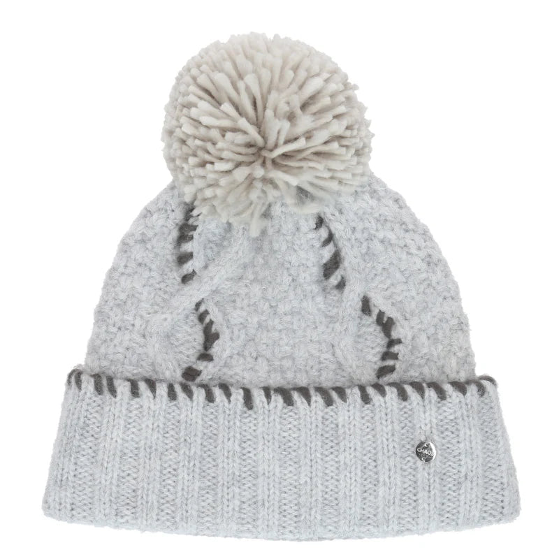White pom pom beanie with gray accents against a white background. 