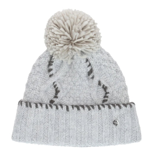 White pom pom beanie with gray accents against a white background. 