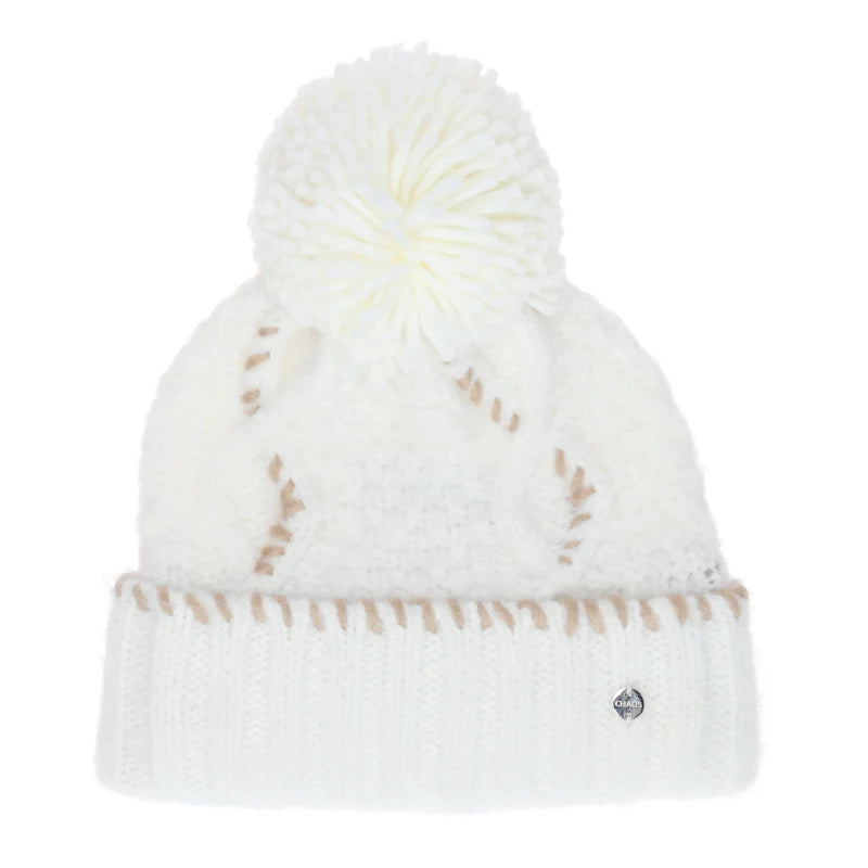 White pom pom beanie with tan accents against a white background. 