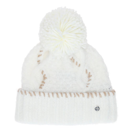 White pom pom beanie with tan accents against a white background. 