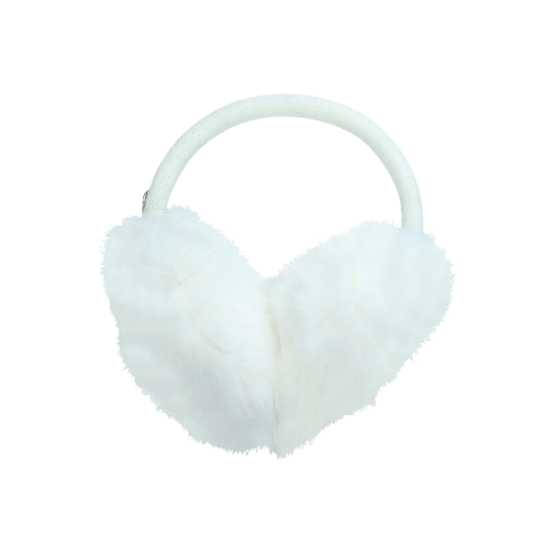 White fuzzy earmuffs against a white background. 