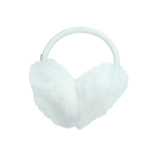 White fuzzy earmuffs against a white background. 