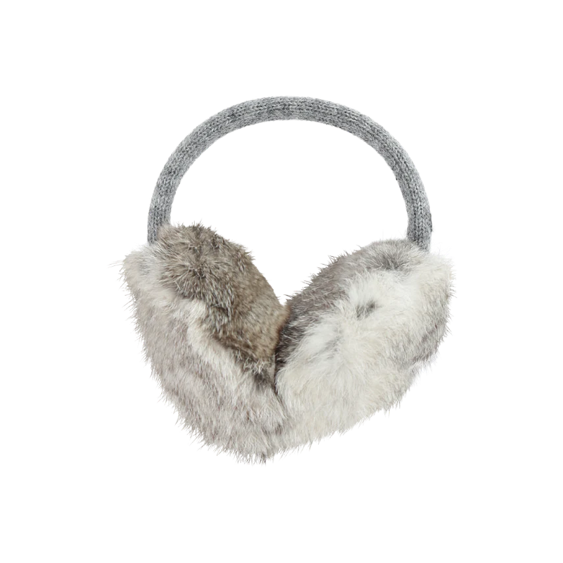 Light gray fuzzy earmuffs against a white background. 
