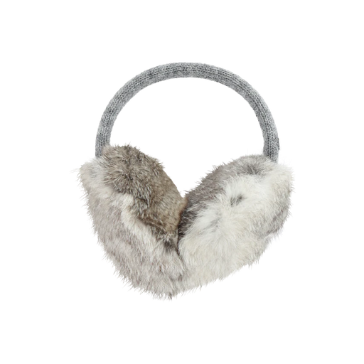 Light gray fuzzy earmuffs against a white background. 