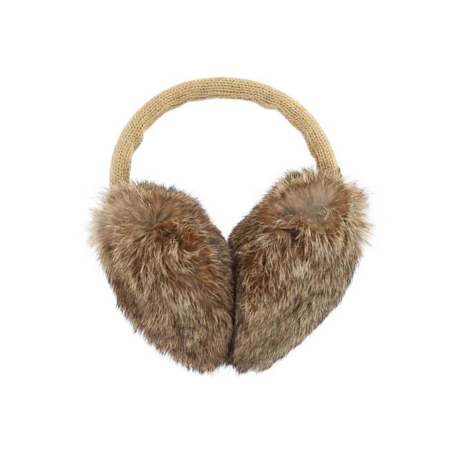 Brown fuzzy earmuffs against a white background. 