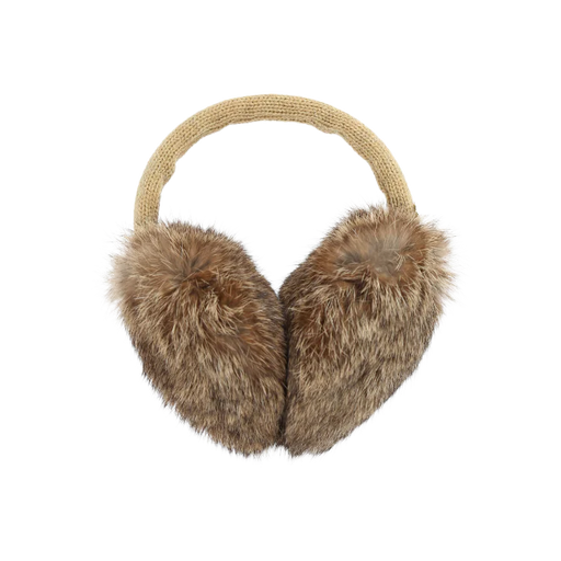 Brown fuzzy earmuffs against a white background. 