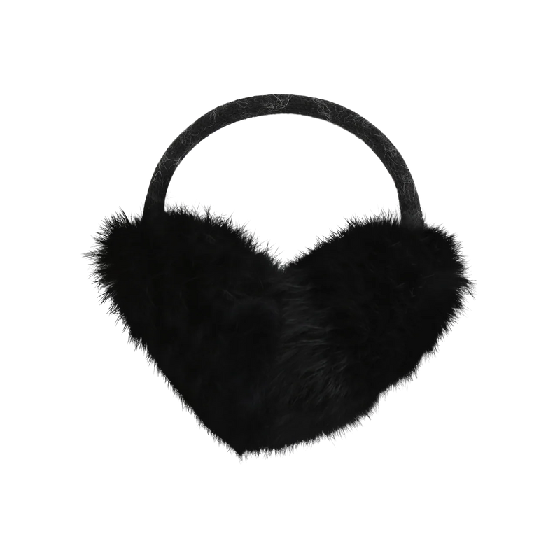 Black fuzzy earmuffs against a white background. 