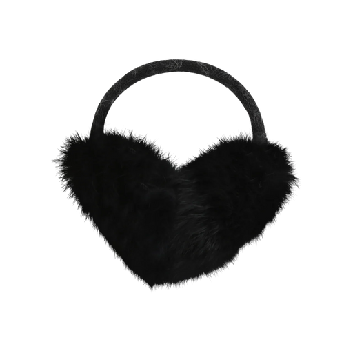 Black fuzzy earmuffs against a white background. 