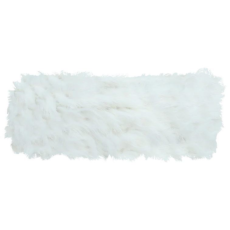 White fuzzy headband against a white background. 