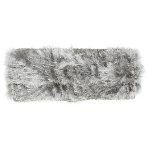 Light gray fuzzy headband against a white background. 