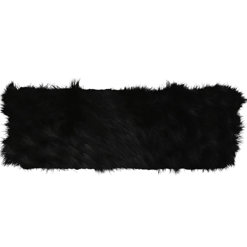 Black fuzzy headband against a white background. 